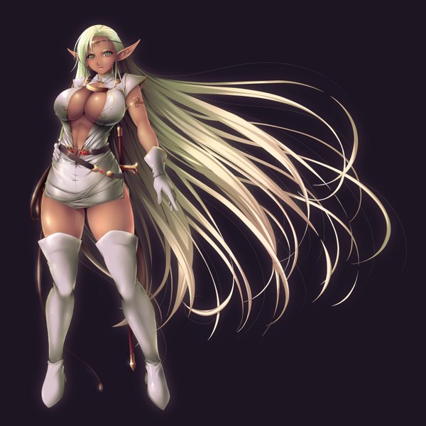 Anime picture 1600x1600 with record of lodoss war pirotess ishii akira single long hair looking at viewer blush breasts light erotic simple background blonde hair large breasts bare shoulders green eyes cleavage very long hair pointy ears midriff zettai ryouiki black background