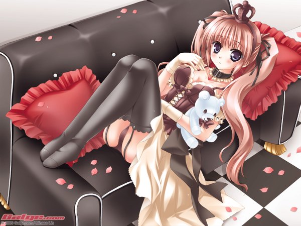 Anime picture 1365x1024 with galge.com minase lin single long hair looking at viewer blush breasts blue eyes light erotic large breasts twintails payot cleavage bent knee (knees) lying parted lips on back no shoes lacing checkered floor