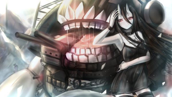 Anime picture 1344x756 with kantai collection battleship-symbiotic hime ginhaha single long hair open mouth black hair hair between eyes red eyes wide image looking away horn (horns) teeth saliva oni horns shinkaisei-kan girl thighhighs dress black thighhighs