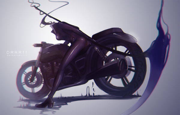 Anime picture 1401x900 with durarara!! brains base (studio) celty sturluson 77ce single breasts simple background sitting grey background copyright name headless girl weapon scythe motorcycle
