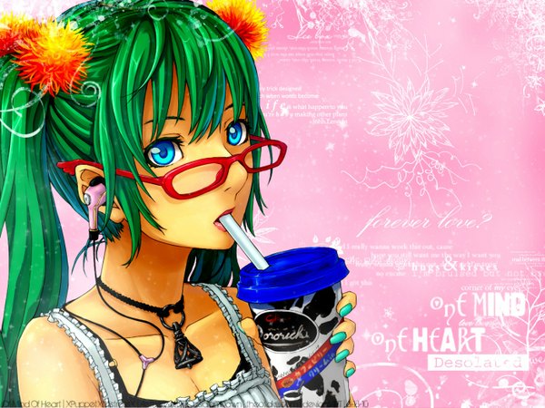 Anime picture 1400x1050 with vocaloid hatsune miku tagme (artist) single long hair blue eyes twintails nail polish green hair drinking girl hair ornament glasses headphones wire (wires) disposable cup