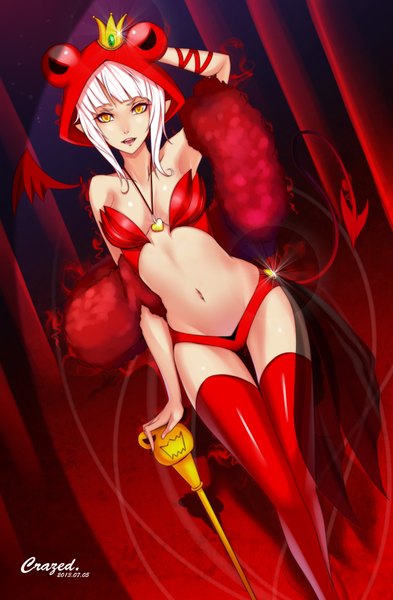 Anime picture 2480x3779 with original crazed single long hair tall image looking at viewer highres breasts open mouth light erotic signed yellow eyes white hair tail midriff demon girl girl thighhighs navel crown