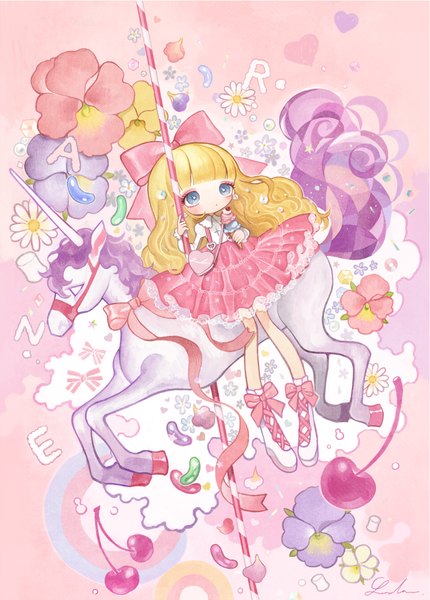 Anime picture 722x1008 with original london222 single long hair tall image blush fringe blue eyes blonde hair sitting signed looking away pink background lolita fashion sweet lolita girl dress flower (flowers) bow hair bow