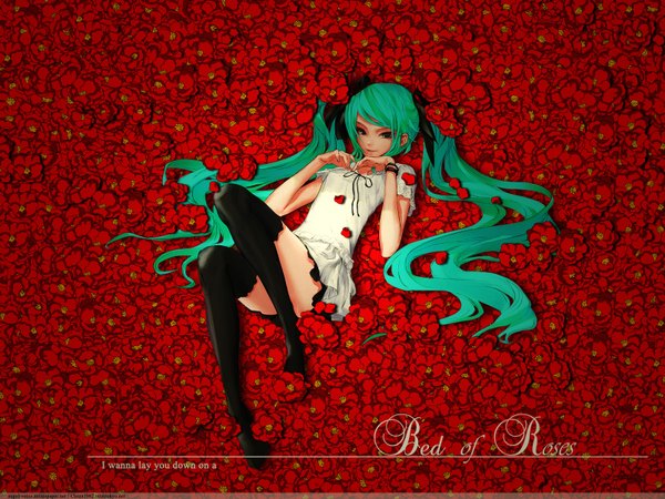 Anime picture 1600x1200 with vocaloid world is mine (vocaloid) hatsune miku redjuice cheza1982 single long hair looking at viewer smile twintails signed aqua eyes aqua hair text watermark english third-party edit floral background girl thighhighs