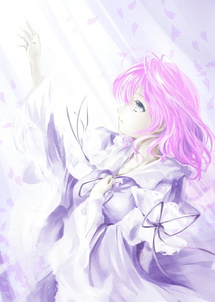 Anime picture 800x1122 with touhou saigyouji yuyuko kz nagomiya single tall image fringe standing pink hair pink eyes light looking up girl dress bow petals