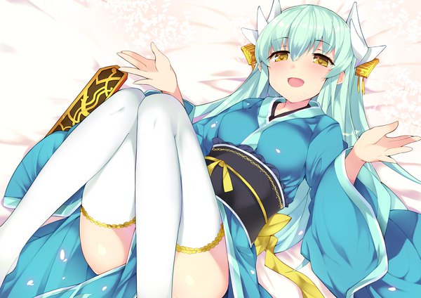 Anime picture 4092x2893 with fate (series) fate/grand order kiyohime (fate) haruyuki (yukichasoba) single long hair blush fringe highres open mouth light erotic hair between eyes yellow eyes looking away absurdres lying traditional clothes japanese clothes horn (horns) aqua hair