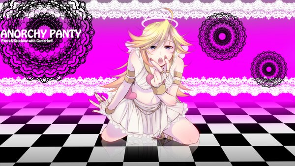 Anime picture 1920x1080 with panty & stocking with garterbelt anarchy panty single long hair highres open mouth blonde hair wide image checkered girl heart halo