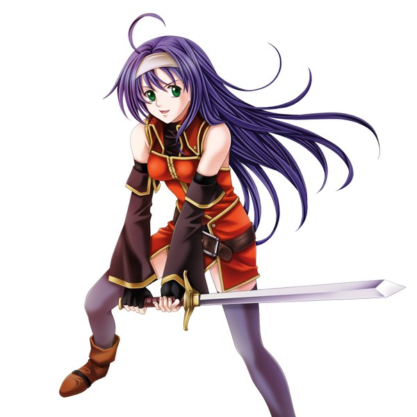 Anime picture 1600x1600 with fire emblem fire emblem: radiant dawn nintendo mia (fire emblem) tamamon single long hair open mouth simple background white background green eyes blue hair girl thighhighs weapon detached sleeves sword hairband