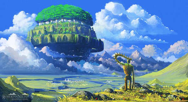 Anime picture 1600x874 with laputa castle in the sky studio ghibli laputa robot syntetyc wide image signed sky cloud (clouds) horizon mountain no people scenic plant (plants) animal bird (birds) grass robot flying castle