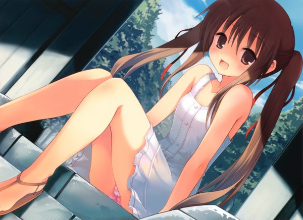 Anime picture 5243x3815 with torishimo single long hair highres open mouth light erotic smile brown hair sitting brown eyes absurdres legs happy pantyshot sitting striped girl dress sandals