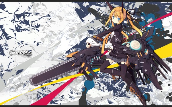 Anime picture 1920x1200 with original poco (asahi age) highres blue eyes blonde hair wide image twintails girl thighhighs ribbon (ribbons) weapon boots mecha chainsaw