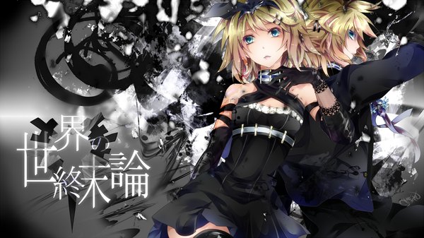 Anime picture 1300x731 with vocaloid kagamine rin kagamine len tyouya fringe short hair blonde hair wide image aqua eyes alternate costume glowing back to back brother and sister girl dress boy gloves hair ornament hairband black dress