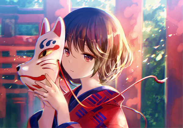 Anime picture 1378x970 with original fuzichoco single looking at viewer fringe short hair hair between eyes red eyes brown hair holding upper body long sleeves traditional clothes japanese clothes wind girl kimono mask torii fox mask