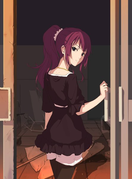 Anime picture 1500x2023 with bakemonogatari nisemonogatari shaft (studio) monogatari (series) senjougahara hitagi ao ebi single long hair tall image purple eyes purple hair ponytail looking back girl dress door