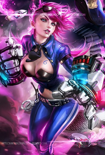 Anime picture 676x1000 with league of legends vi (league of legends) sakimichan single long hair tall image looking at viewer breasts blue eyes light erotic large breasts signed pink hair cleavage realistic piercing watermark sunglasses on head girl uniform