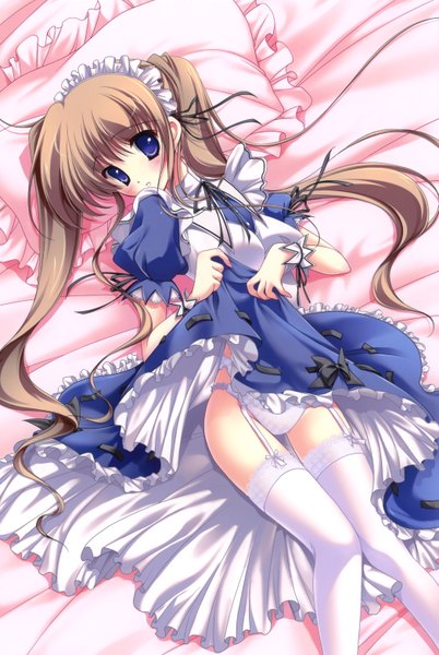 Anime picture 2094x3124 with mitsui mana tall image highres blue eyes light erotic brown hair twintails lying maid dress lift girl thighhighs underwear panties white thighhighs pillow