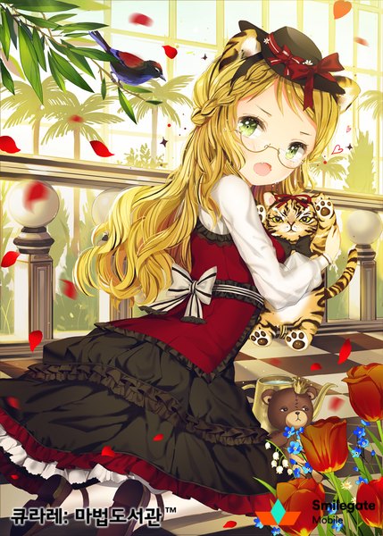 Anime picture 904x1265 with original dangmill single long hair tall image looking at viewer blush open mouth blonde hair green eyes animal ears girl dress flower (flowers) hat animal petals glasses bird (birds) toy