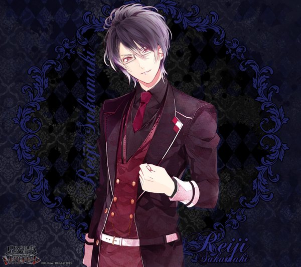 Anime picture 1440x1280 with diabolik lovers idea factory sakamaki reiji single looking at viewer short hair black hair red eyes inscription vampire boy uniform school uniform glasses necktie vest