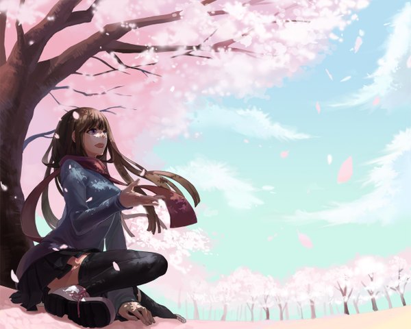Anime picture 1250x1000 with supercell sayonara memories (supercell) gazelle nagi aile (crossroads) single long hair brown hair sitting pleated skirt pink eyes wind wallpaper cherry blossoms girl thighhighs black thighhighs plant (plants) petals tree (trees) boots