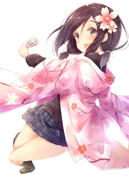 Anime picture 2507x3541 with hanayamata madhouse sekiya naru hiiragi yashiro single tall image blush highres short hair open mouth black hair white background hair flower black eyes girl skirt hair ornament flower (flowers) socks black socks