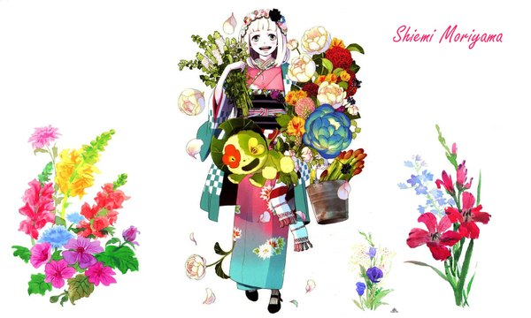 Anime picture 2000x1200 with ao no exorcist a-1 pictures moriyama shiemi nii (ao no exorcist) katou kazue blush highres open mouth blonde hair smile wide image green eyes traditional clothes japanese clothes character names pale skin girl flower (flowers) kimono bouquet