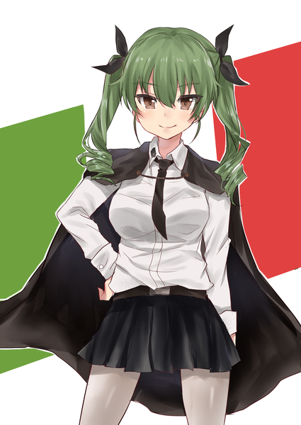 Anime picture 2149x3035 with girls und panzer anchovy (girls und panzer) nanakagura single long hair tall image looking at viewer highres smile standing white background twintails brown eyes green hair hand on hip drill hair girl skirt miniskirt shirt