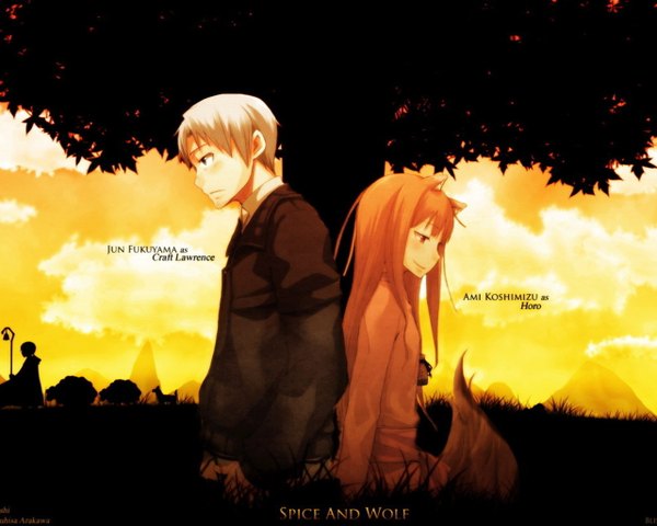 Anime picture 1280x1024 with spice and wolf horo craft lawrence red eyes animal ears white hair tail orange hair couple wolf ears back to back wolf tail wolf girl girl boy plant (plants) tree (trees) jacket
