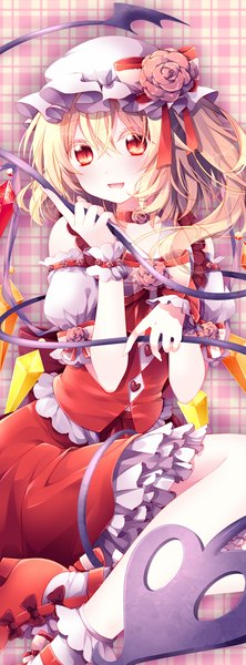 Anime picture 394x1062 with touhou flandre scarlet riichu single long hair tall image blush open mouth blonde hair smile bare shoulders ponytail tail traditional clothes orange eyes side ponytail demon tail girl skirt wings