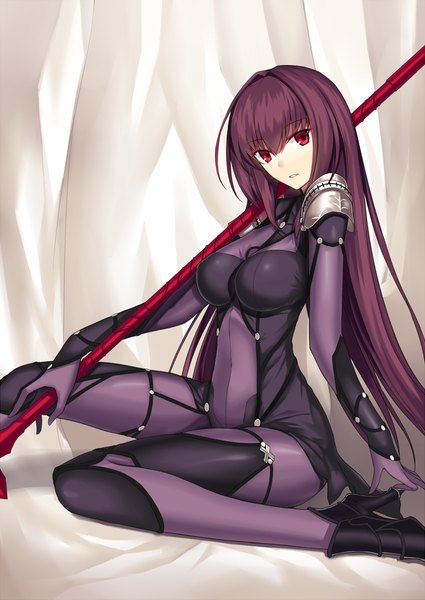 Anime picture 900x1270 with fate (series) fate/grand order scathach (fate) (all) scathach (fate) kauto single long hair tall image looking at viewer breasts light erotic red eyes purple hair girl weapon bodysuit