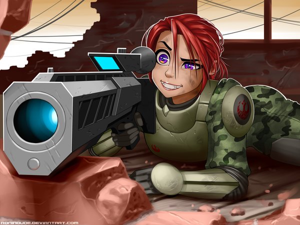 Anime picture 4000x3000 with ronin dude (ray cornwell) single highres short hair smile purple eyes absurdres red hair eyebrows on stomach girl uniform weapon gun military uniform sniper rifle