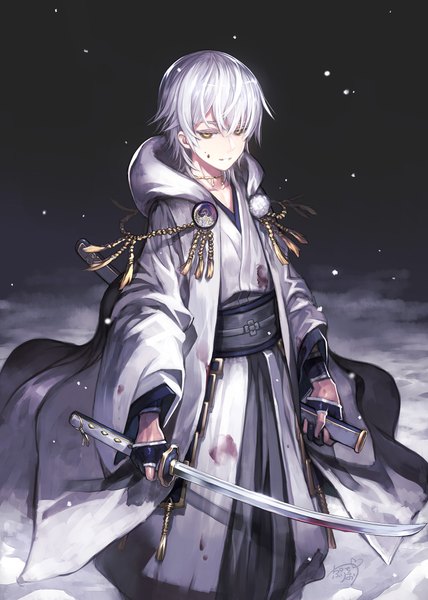 Anime picture 1488x2088 with touken ranbu nitroplus tsurumaru kuninaga capriccio single tall image fringe short hair hair between eyes standing holding signed yellow eyes looking away silver hair outdoors traditional clothes japanese clothes night snowing