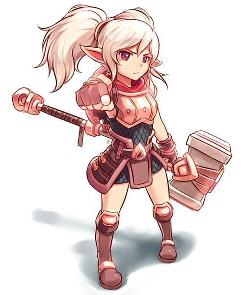 Anime picture 863x1055 with league of legends poppy (league of legends) sieyarelow tall image looking at viewer short hair simple background red eyes white background twintails white hair pointy ears outstretched arm alternate color girl weapon armor hammer