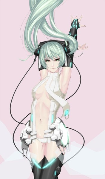 Anime picture 1000x1700 with vocaloid hatsune miku zealt single tall image light erotic twintails very long hair aqua eyes aqua hair girl thighhighs navel underwear panties necktie headphones wire (wires)