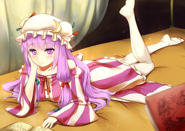 Anime picture 1750x1240 with touhou patchouli knowledge sumtj long hair blush highres purple eyes purple hair lying legs crescent girl dress book (books) bonnet