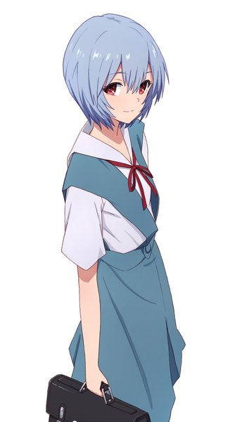 Anime picture 1031x1763 with neon genesis evangelion gainax ayanami rei yahiro (epicopeiidae) single tall image looking at viewer fringe short hair simple background smile hair between eyes red eyes white background blue hair from above girl uniform school uniform school bag