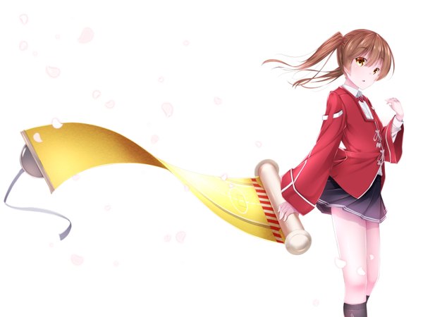 Anime picture 1600x1200 with kantai collection ryuujou light aircraft carrier waterdog single long hair fringe open mouth simple background brown hair standing twintails holding brown eyes looking away pleated skirt wind wide sleeves girl skirt miniskirt