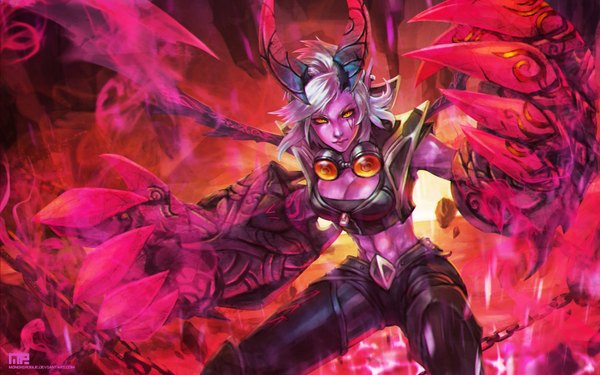 Anime picture 3508x2196 with league of legends vi (league of legends) monori rogue single looking at viewer highres short hair breasts standing absurdres silver hair horn (horns) lips orange eyes tattoo facial mark eyebrows demon girl goggles around neck pink skin