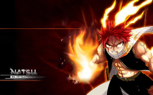 Anime picture 1280x800 with fairy tail natsu dragneel natsudrgonil single red eyes wide image red hair inscription sleeveless coloring magic muscle boy scarf blood fire