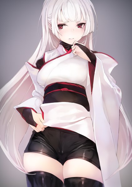 Anime picture 1202x1700 with original tsuru-chan taishi (picchiridou) single long hair tall image looking at viewer blush fringe light erotic simple background red eyes standing white hair blunt bangs traditional clothes japanese clothes wide sleeves gradient hair pale skin