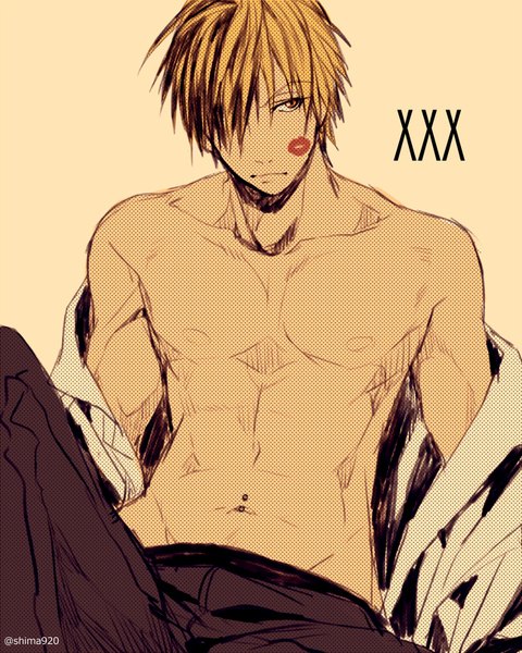 Anime picture 650x812 with kuroko no basket production i.g kise ryouta mashima shima single tall image fringe short hair light erotic simple background blonde hair signed yellow eyes looking away hair over one eye lipstick piercing groin topless undressing