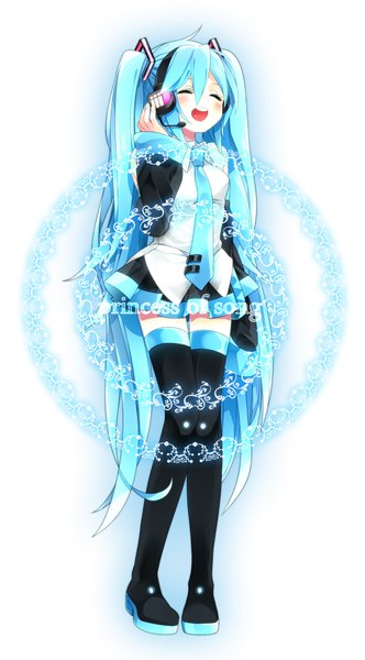 Anime picture 1200x2169 with vocaloid hatsune miku sakana (rhythm93) single tall image blush open mouth simple background white background twintails eyes closed very long hair aqua hair girl thighhighs skirt black thighhighs miniskirt necktie
