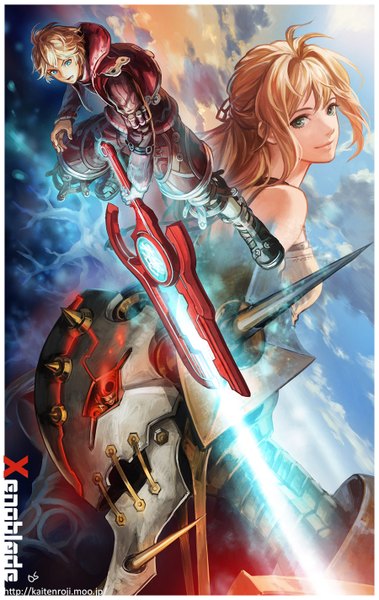 Anime picture 900x1424 with xenoblade shulk fiorun metal face iwamoto zerogo long hair tall image short hair blue eyes blonde hair red eyes bare shoulders green eyes sky cloud (clouds) inscription framed glowing weapon girl boy