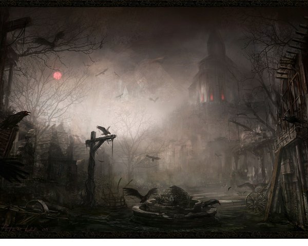 Anime picture 1280x1024 with diablo (game) blizzard entertainment peter lee signed city no people ruins fog red moon gloom plant (plants) animal tree (trees) bird (birds) building (buildings) house crow