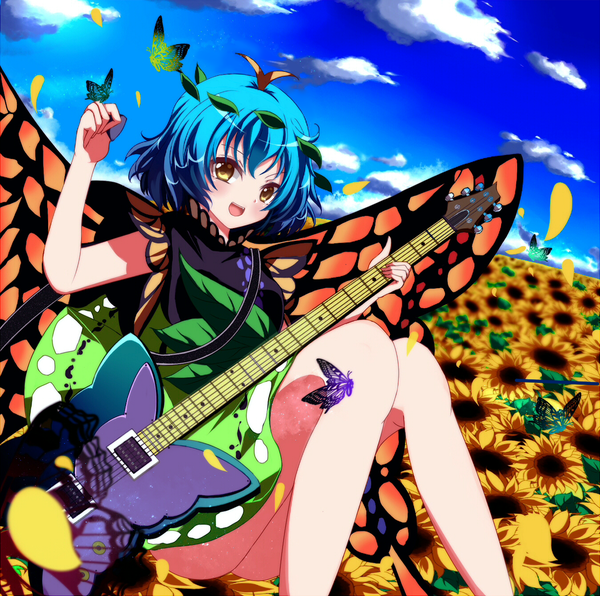 Anime picture 1348x1340 with touhou eternity larva shinbarian single looking at viewer blush short hair open mouth light erotic sitting yellow eyes blue hair sky cloud (clouds) outdoors insect wings butterfly wings butterfly on hand antennae girl