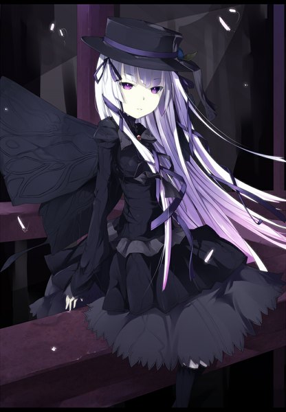 Anime picture 800x1154 with original en@rain single tall image looking at viewer fringe sitting purple eyes white hair long sleeves very long hair wind goth-loli insect wings butterfly wings gothic girl dress ribbon (ribbons) hair ribbon