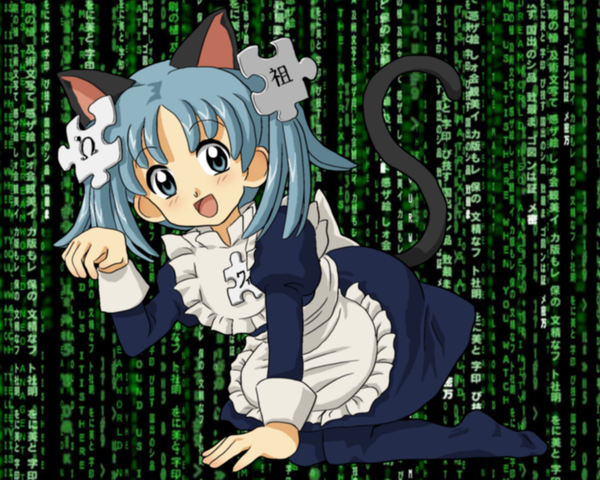 Anime picture 1280x1024 with wikipedia wikipe-tan kasuga (kasuga39) single looking at viewer short hair open mouth blue eyes smile animal ears blue hair tail long sleeves animal tail maid cat girl cat tail puffy sleeves kneeling third-party edit