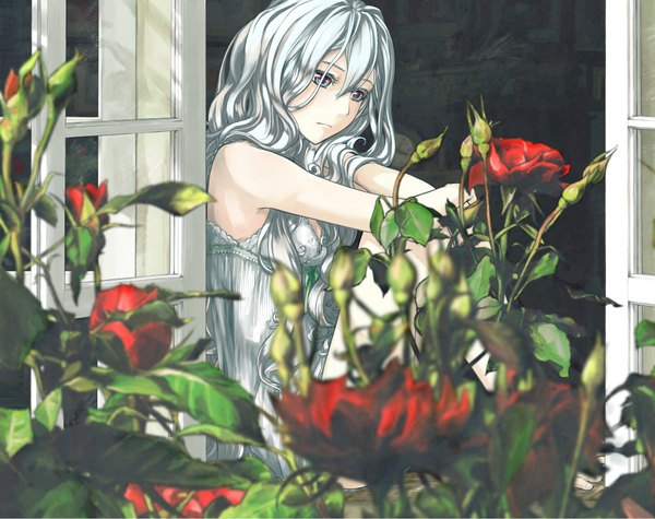 Anime picture 2004x1588 with original unosawa subaru single long hair highres blue eyes bare shoulders looking away white hair girl dress flower (flowers)