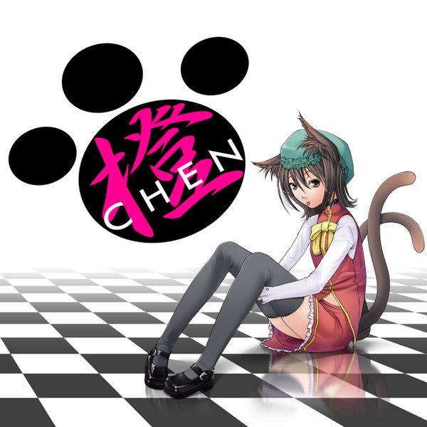 Anime picture 1280x1280 with touhou chen tomokatsu (artist) short hair black hair sitting brown eyes animal ears cat ears cat girl cat tail checkered girl thighhighs skirt black thighhighs hat tongue skirt set
