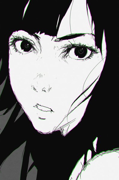 Anime picture 600x906 with tom skender single long hair tall image looking at viewer fringe open mouth black hair black eyes monochrome close-up drawing girl