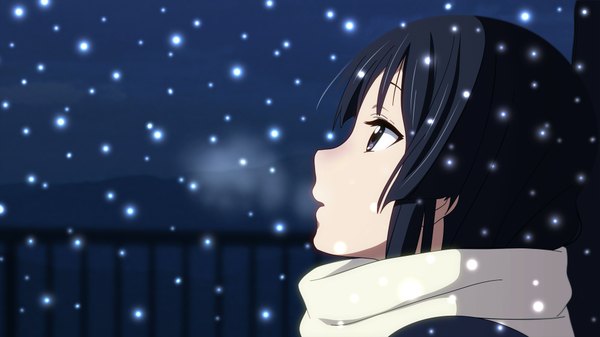 Anime picture 1920x1080 with k-on! kyoto animation akiyama mio long hair highres black hair wide image black eyes snowing exhalation girl scarf